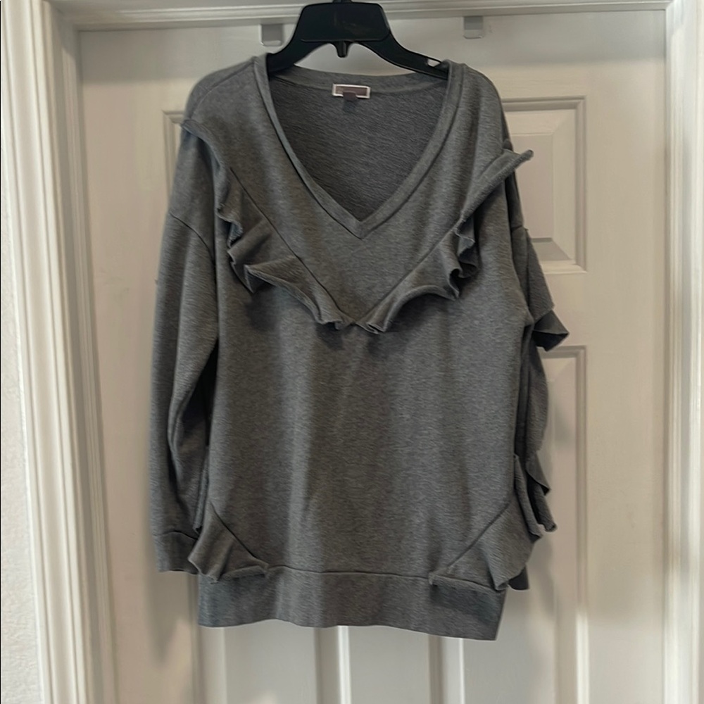 Gray Ruffled V-Neck Sweatshirt